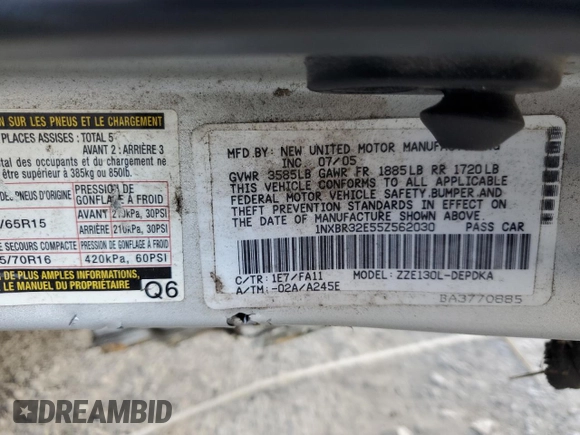 2005 Toyota Corolla CE with VIN 1NXBR32E55Z562030, listed as a Copart auction lot 46812285 with Not provided miles and Non repairable. Bid and sale history available at DreamBid. Image 12.