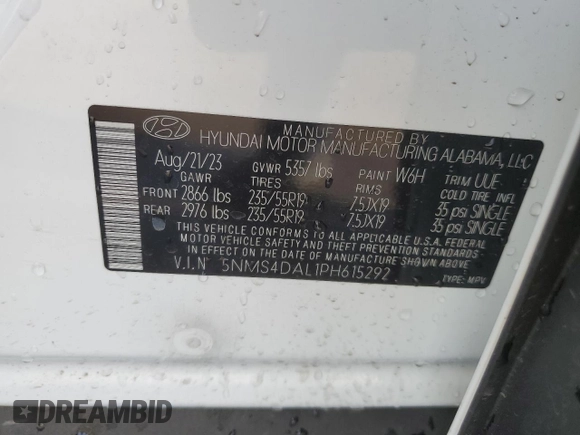 2023 Hyundai Santa Fe Limited z VIN 5NMS4DAL1PH615292, wystawiony jako Copart lot #85105624 z przebiegiem 16 036 mil mil oraz Szkoda całkowita • Salvage title. Historia ofert i sprzedaży dostępna na DreamBid. Obrazek 12.