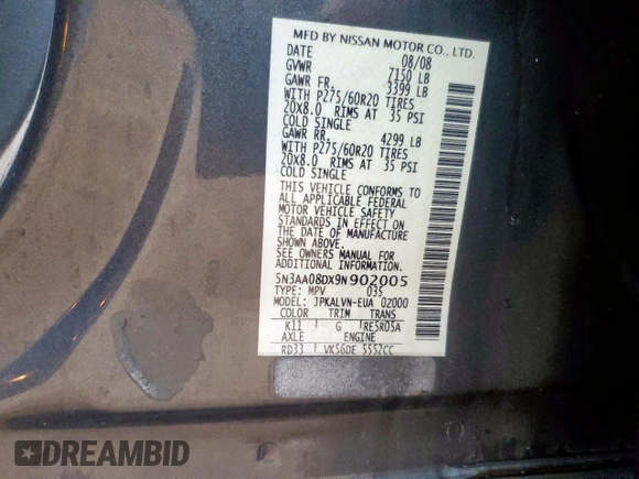 2009 Infiniti QX56 with VIN 5N3AA08DX9N902005, listed as a Copart auction lot 60665925 with 191,472 mi miles and Salvage title. Bid and sale history available at DreamBid. Image 14.