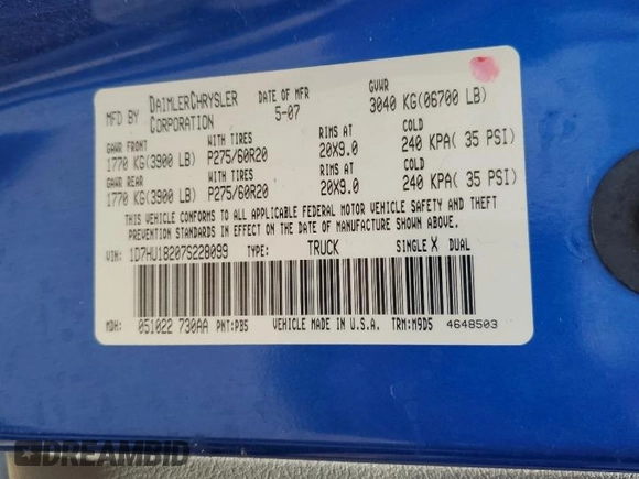 2007 Dodge 1500 Laramie с VIN 1D7HU18207S228099, выставлен на аукционе Copart как лот 54172875 с пробегом Не указан миль и Списание • Salvage title. История ставок и продаж доступна на DreamBid. Изображение 13.