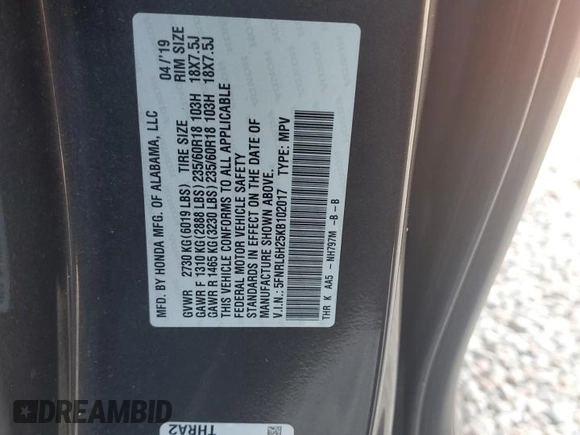 2019 Honda Odyssey LX with VIN 5FNRL6H25KB102017, listed as a Copart auction lot 50151955 with 83,145 mi miles and Salvage Title. Bid and sale history available at DreamBid. Image 13.