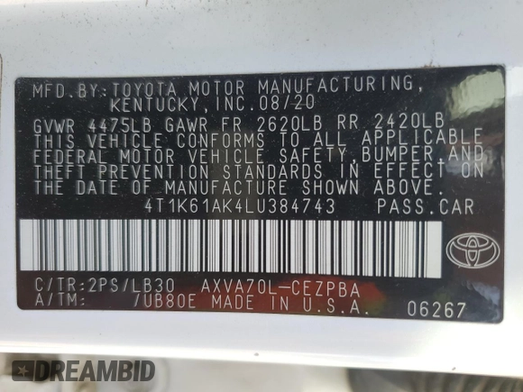 2020 Toyota Camry XSE with VIN 4T1K61AK4LU384743, listed as a Copart auction lot 51706605 with 79,864 mi miles and Salvage Title. Bid and sale history available at DreamBid. Image 12.