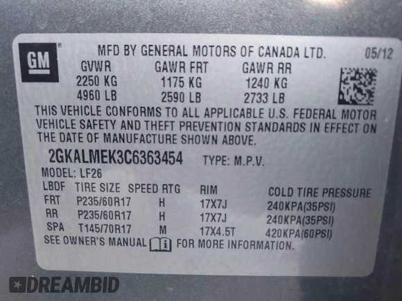 2012 GMC Terrain SLE-1 with VIN 2GKALMEK3C6363454, listed as a IAAI auction lot 42147709 with 151,292 mi miles and . Bid and sale history available at carsss.com. Image 9.