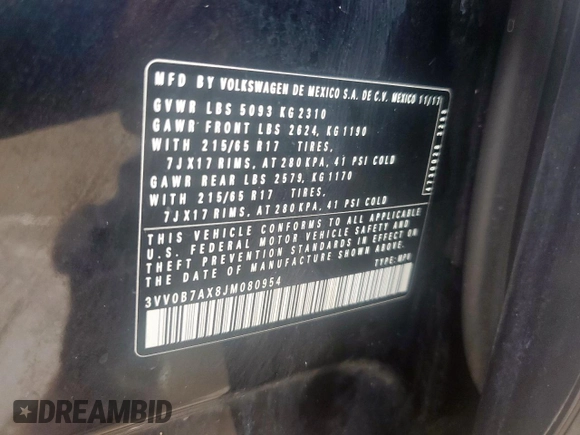 2018 Volkswagen Tiguan S с VIN 3VV0B7AX8JM080954, выставлен на аукционе Copart как лот 60912245 с пробегом 87 936 миль миль и Чистый • Clean title. История ставок и продаж доступна на DreamBid. Изображение 12.