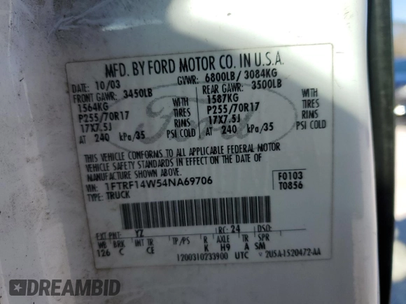 2004 Ford F-150 XL z VIN 1FTRF14W54NA69706, wystawiony jako Copart lot #41379725 z przebiegiem 234 027 mil mil oraz Nie do naprawy • Non repairable. Historia ofert i sprzedaży dostępna na DreamBid. Obrazek 13.