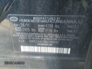 2011 Hyundai Sonata Limited with VIN 5NPEC4AC8BH290197, listed as a IAAI auction lot 39229665 with 149,369 mi miles and . Bid and sale history available at DreamBid. Image 9.