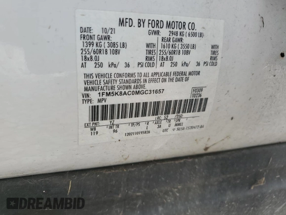 2021 Ford Explorer z VIN 1FM5K8AC0MGC31657, wystawiony jako Copart lot #70309654 z przebiegiem Nie podano mil oraz Szkoda całkowita • Salvage title. Historia ofert i sprzedaży dostępna na DreamBid. Obrazek 14.