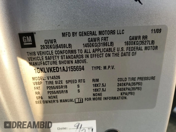 2010 GMC Acadia SL with VIN 1GKLVKED1AJ155694, listed as a Copart auction lot 84123014 with 202,192 mi miles and Salvage Title. Bid and sale history available at carsss.com. Image 13.
