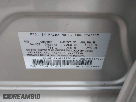 2008 Mazda 3 Sport with VIN JM1BK12F681777010, listed as a IAAI auction lot 41284049 with 127,887 mi miles and . Bid and sale history available at DreamBid. Image 9.