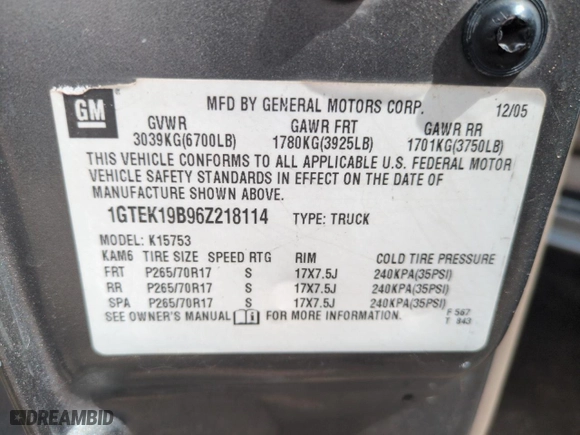 2006 GMC Sierra 1500 SLE1 with VIN 1GTEK19B96Z218114, listed as a Copart auction lot 50957945 with 195,854 mi miles and Salvage Title. Bid and sale history available at carsss.com. Image 12.