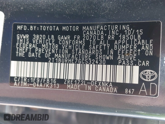 2016 Toyota Corolla L with VIN 2T1BURHE7GC532430, listed as a IAAI auction lot 42242711 with 137,206 mi miles and . Bid and sale history available at DreamBid. Image 9.
