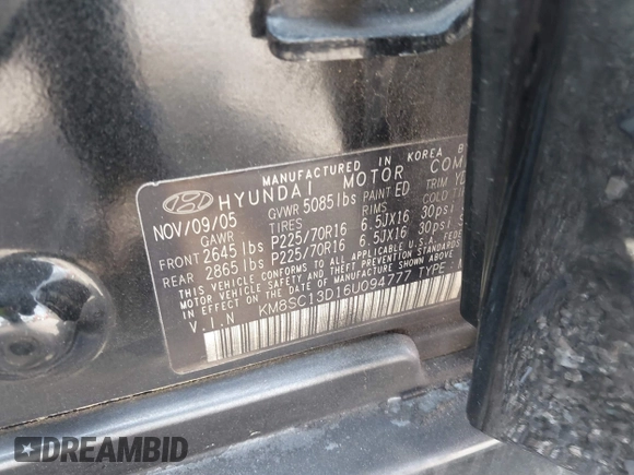 2006 Hyundai Santa Fe GLS with VIN KM8SC13D16U094777, listed as a IAAI auction lot 41803425 with 156,130 mi miles. Bid and sale history available at carsss.com. Image 9.