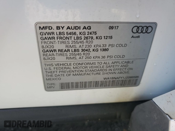2018 Audi Q5 Premium Plus with VIN WA1BNAFY1J2066585, listed as a Copart auction lot 58306885 with 91,134 mi miles and Salvage title. Bid and sale history available at DreamBid. Image 14.
