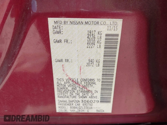 2016 Nissan Altima SR with VIN 1N4AL3AP2GN306029, listed as a IAAI auction lot 42204716 with 189,318 mi miles and . Bid and sale history available at DreamBid. Image 9.