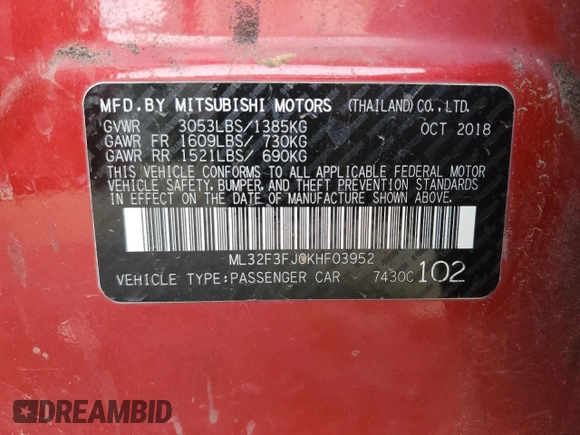 2019 Mitsubishi Mirage ES with VIN ML32F3FJ0KHF03952, listed as a Copart auction lot 49121585 with 167,172 mi miles and Salvage title. Bid and sale history available at DreamBid. Image 13.