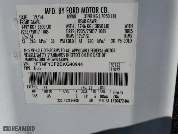 2014 Ford F-150 XL with VIN 1FTNF1CF2EKG40944, listed as a Copart auction lot 45342825 with 43,854 mi miles and Salvage Title. Bid and sale history available at carsss.com. Image 12.