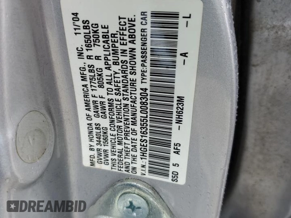 2005 Honda Civic VP with VIN 1HGES16355L008304, listed as a Copart auction lot 53081065 with 37,176 mi miles and Salvage Title. Bid and sale history available at DreamBid. Image 12.