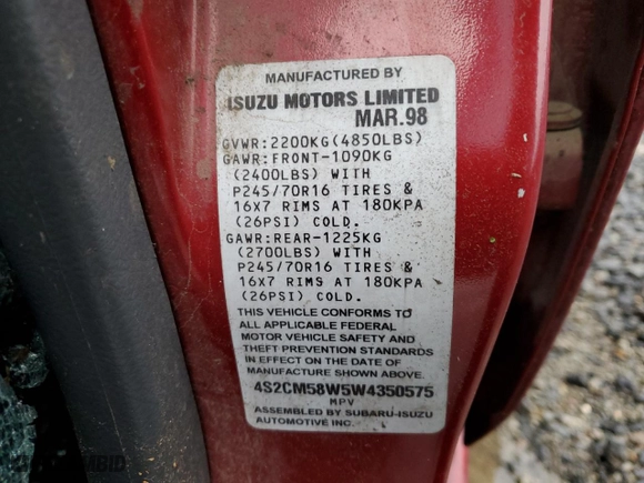 1998 Isuzu Rodeo S with VIN 4S2CM58W5W4350575, listed as a Copart auction lot 84537714 with 215,573 mi miles and Salvage Title. Bid and sale history available at carsss.com. Image 15.