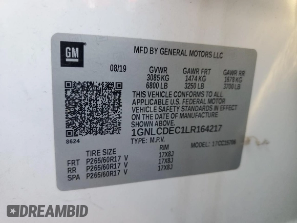 2020 Chevrolet Tahoe Commercial with VIN 1GNLCDEC1LR164217, listed as a Copart auction lot 88321485 with 88,094 mi miles and Salvage title. Bid and sale history available at DreamBid. Image 13.