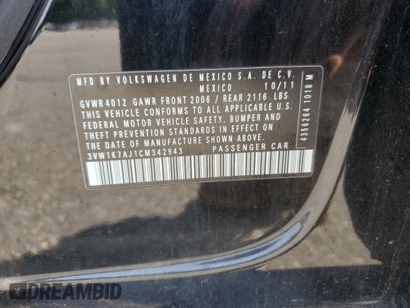 2012 Volkswagen Jetta S with VIN 3VW1K7AJ1CM342943, listed as a Copart auction lot 60465855 with 192,923 mi miles and Salvage title. Bid and sale history available at DreamBid. Image 12.
