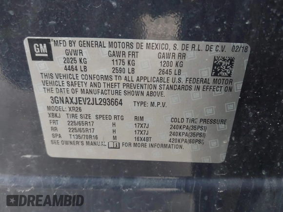 2018 Chevrolet Equinox LT with VIN 3GNAXJEV2JL293664, listed as a IAAI auction lot 41911923 with 105,057 mi miles and . Bid and sale history available at DreamBid. Image 9.