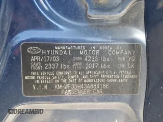 2003 Hyundai Sonata GLS with VIN KMHWF35H43A884186, listed as a Copart auction lot 84385254 with 82,160 mi miles and Salvage Title. Bid and sale history available at carsss.com. Image 14.