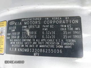 2008 Kia Sedona with VIN KNDMB133086255036, listed as a IAAI auction lot 41923884 with 269,470 mi miles. Bid and sale history available at carsss.com. Image 9.