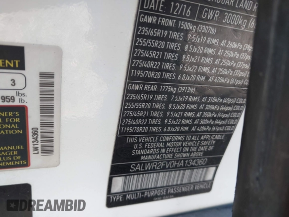 2017 Land Rover Range Rover Sport HSE with VIN SALWR2FV0HA134360, listed as a IAAI auction lot 41810251 with 73,407 mi miles and . Bid and sale history available at DreamBid. Image 9.