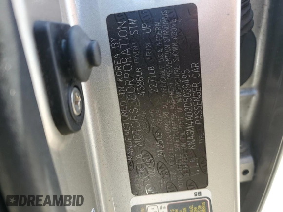 2013 Kia Optima EX z VIN KNAGM4AD2D5039495, wystawiony jako Copart lot #59631305 z przebiegiem Nie podano mil oraz Szkoda całkowita • Salvage title. Historia ofert i sprzedaży dostępna na DreamBid. Obrazek 12.