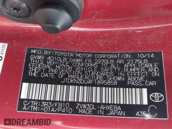 2015 Toyota Prius Four with VIN JTDKN3DU4F1895858, listed as a IAAI auction lot 41902502 with 255,787 mi miles. Bid and sale history available at carsss.com. Image 9.