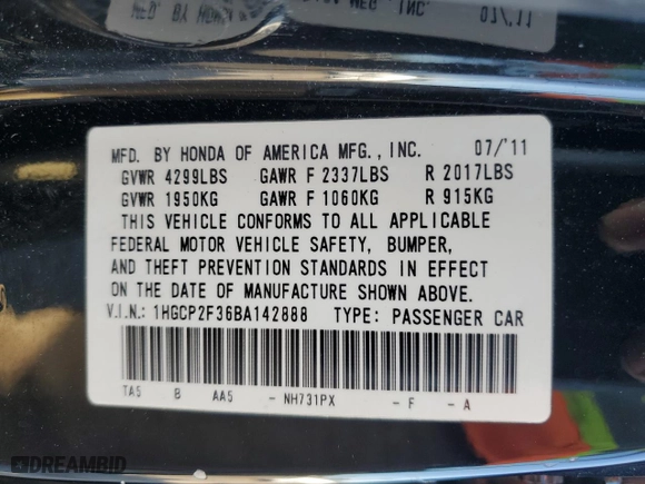 2011 Honda Accord Sdn LX with VIN 1HGCP2F36BA142888, listed as a Copart auction lot 50862945 with 146,380 mi miles and Salvage Title. Bid and sale history available at carsss.com. Image 12.
