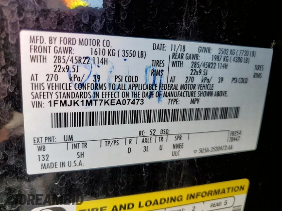 2019 Ford Expedition Max Platinum with VIN 1FMJK1MT7KEA07473, listed as a Copart auction lot 57875735 with 89,450 mi miles and Salvage title. Bid and sale history available at DreamBid. Image 14.