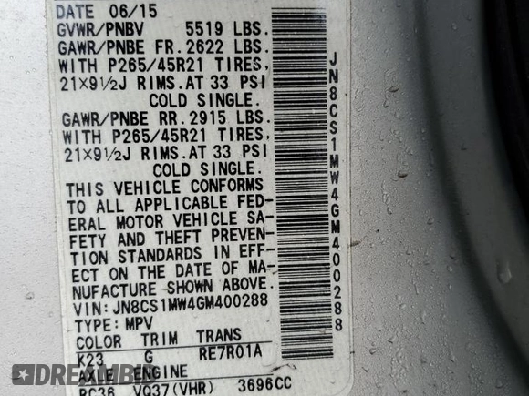 2016 Infiniti QX70 with VIN JN8CS1MW4GM400288, listed as a Copart auction lot 51423095 with 115,733 mi miles and Salvage title. Bid and sale history available at DreamBid. Image 14.