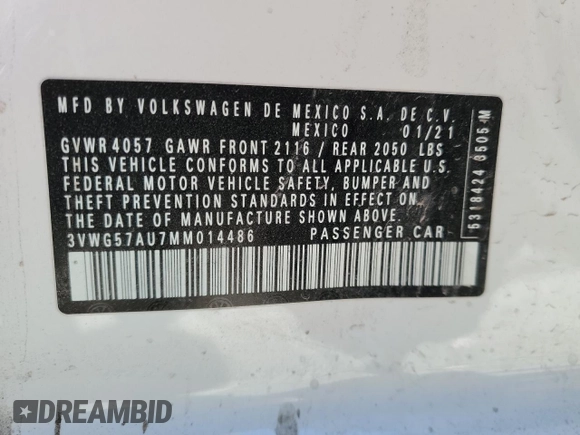 2021 Volkswagen Golf TSI z VIN 3VWG57AU7MM014486, wystawiony jako Copart lot #46552545 z przebiegiem 64 437 mil mil oraz Szkoda całkowita • Salvage title. Historia ofert i sprzedaży dostępna na DreamBid. Obrazek 12.