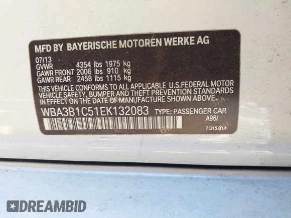 2014 BMW 3 Series 320i with VIN WBA3B1C51EK132083, listed as a IAAI auction lot 41985295 with 158,626 mi miles. Bid and sale history available at carsss.com. Image 9.