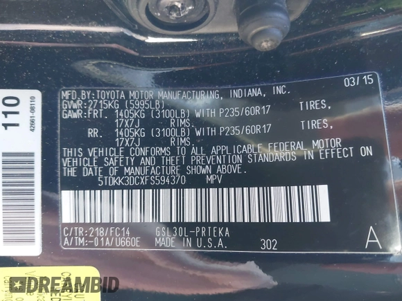 2015 Toyota Sienna LE AAS with VIN 5TDKK3DCXFS594370, listed as a IAAI auction lot 41910126 with 131,638 mi miles. Bid and sale history available at carsss.com. Image 9.