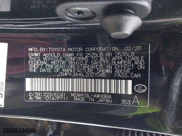 2020 Lexus UX with VIN JTHP9JBH6L2027045, listed as a IAAI auction lot 41576512 with 70,372 mi miles. Bid and sale history available at carsss.com. Image 9.