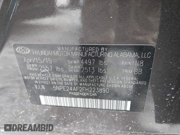 2015 Hyundai Sonata SE with VIN 5NPE24AF2FH223890, listed as a IAAI auction lot 41810442 with 146,260 mi miles and . Bid and sale history available at DreamBid. Image 9.