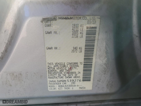 2013 Nissan Altima 2.5 SV with VIN 1N4AL3AP6DN539276, listed as a Copart auction lot 42967685 with 139,691 mi miles and Clean Title. Bid and sale history available at carsss.com. Image 12.