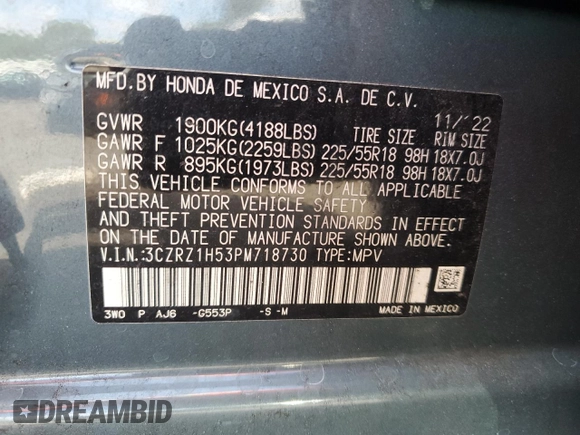 2023 Honda HR-V Sport with VIN 3CZRZ1H53PM718730, listed as a Copart auction lot 46165075 with 39,410 mi miles and Salvage Title. Bid and sale history available at carsss.com. Image 13.