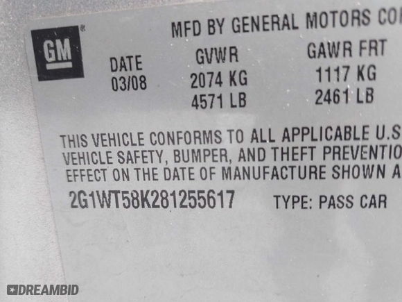 2008 Chevrolet Impala LT with VIN 2G1WT58K281255617, listed as a IAAI auction lot 41683476 with 243,927 mi miles. Bid and sale history available at carsss.com. Image 9.