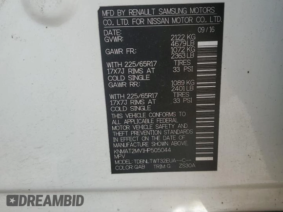 2017 Nissan Rogue SV with VIN KNMAT2MV1HP505044, listed as a Copart auction lot 49276315 with 84,234 mi miles and Salvage Title. Bid and sale history available at DreamBid. Image 13.