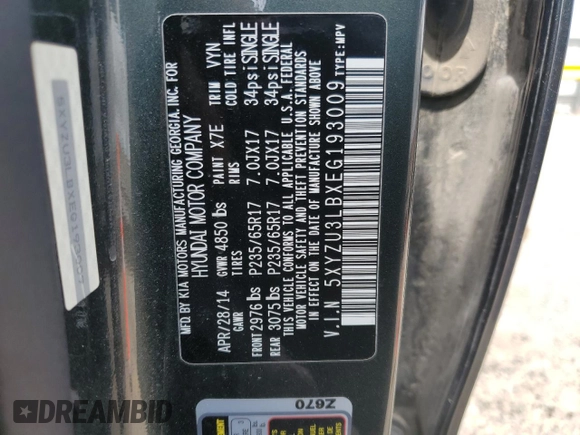 2014 Hyundai Santa Fe with VIN 5XYZU3LBXEG193009, listed as a Copart auction lot 60458575 with 151,230 mi miles and Salvage title. Bid and sale history available at DreamBid. Image 13.