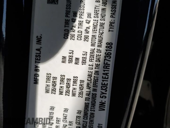 2024 Tesla Model 3 z VIN 5YJ3E1EA1RF736188, wystawiony jako Copart lot #57891625 z przebiegiem 9128 mil mil oraz Szkody całkowita. Historia ofert i sprzedaży dostępna na DreamBid. Obrazek 13.