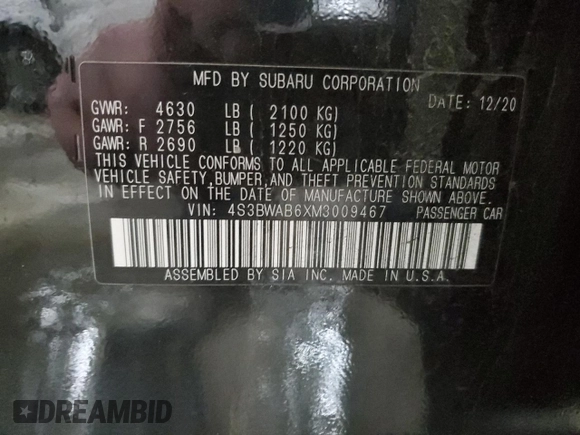2021 Subaru Legacy z VIN 4S3BWAB6XM3009467, wystawiony jako Copart lot #81755454 z przebiegiem 86 116 mil mil oraz Szkoda całkowita • Salvage title. Historia ofert i sprzedaży dostępna na DreamBid. Obrazek 12.