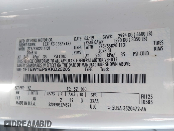 2019 Ford F-150 XL with VIN 1FTEW1EP9KKD25205, listed as a IAAI auction lot 41158627 with 179,259 mi miles and . Bid and sale history available at DreamBid. Image 9.