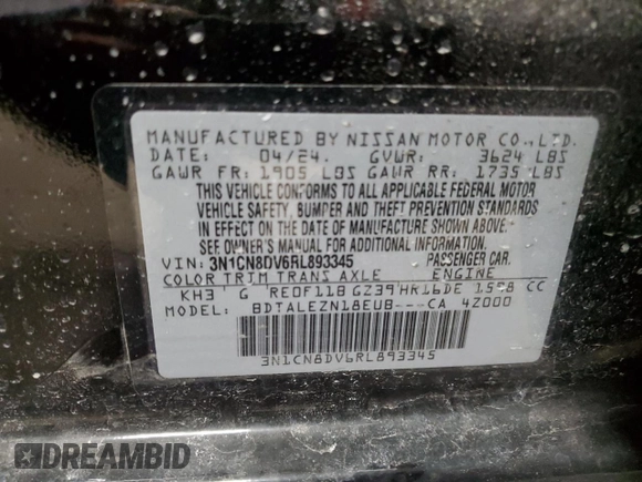 2024 Nissan Versa S with VIN 3N1CN8DV6RL893345, listed as a Copart auction lot 50308005 with 12,585 mi miles and Salvage Title. Bid and sale history available at carsss.com. Image 12.