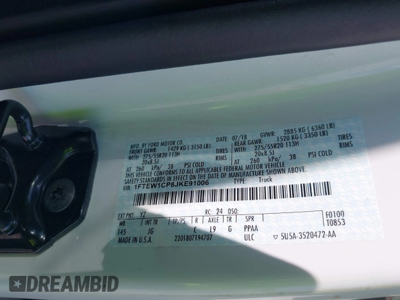 2018 Ford F-150 XL with VIN 1FTEW1CP8JKE91006, listed as a IAAI auction lot 42123840 with 76,806 mi miles and . Bid and sale history available at DreamBid. Image 9.