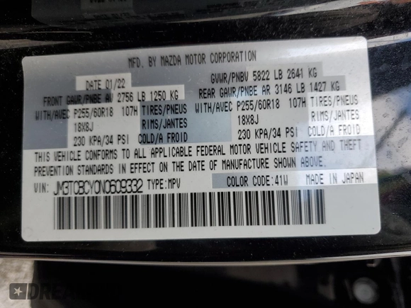 2022 Mazda CX-9 Touring with VIN JM3TCBCY0N0609332, listed as a Copart auction lot 51082965 with 54,172 mi miles and Salvage title. Bid and sale history available at DreamBid. Image 14.
