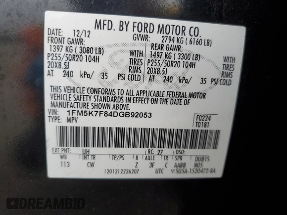 2013 Ford Explorer Limited z VIN 1FM5K7F84DGB92053, wystawiony jako Copart lot #55972105 z przebiegiem Nie podano mil oraz Szkoda całkowita • Salvage title. Historia ofert i sprzedaży dostępna na DreamBid. Obrazek 12.